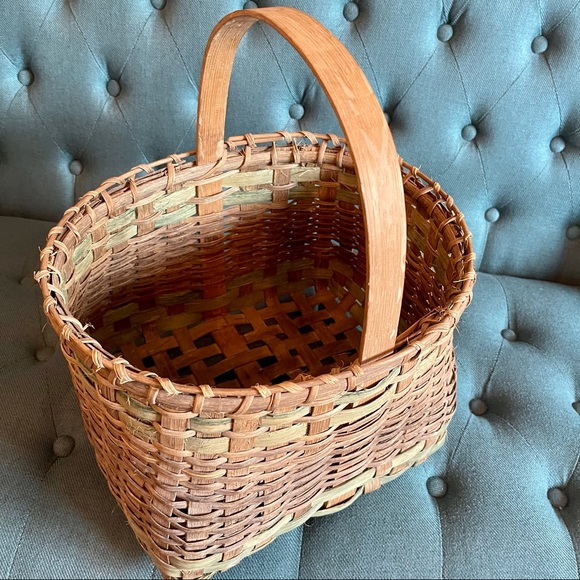Vintage Accents Vintage Handmade Wood Weave Basket Tan Green Wooden